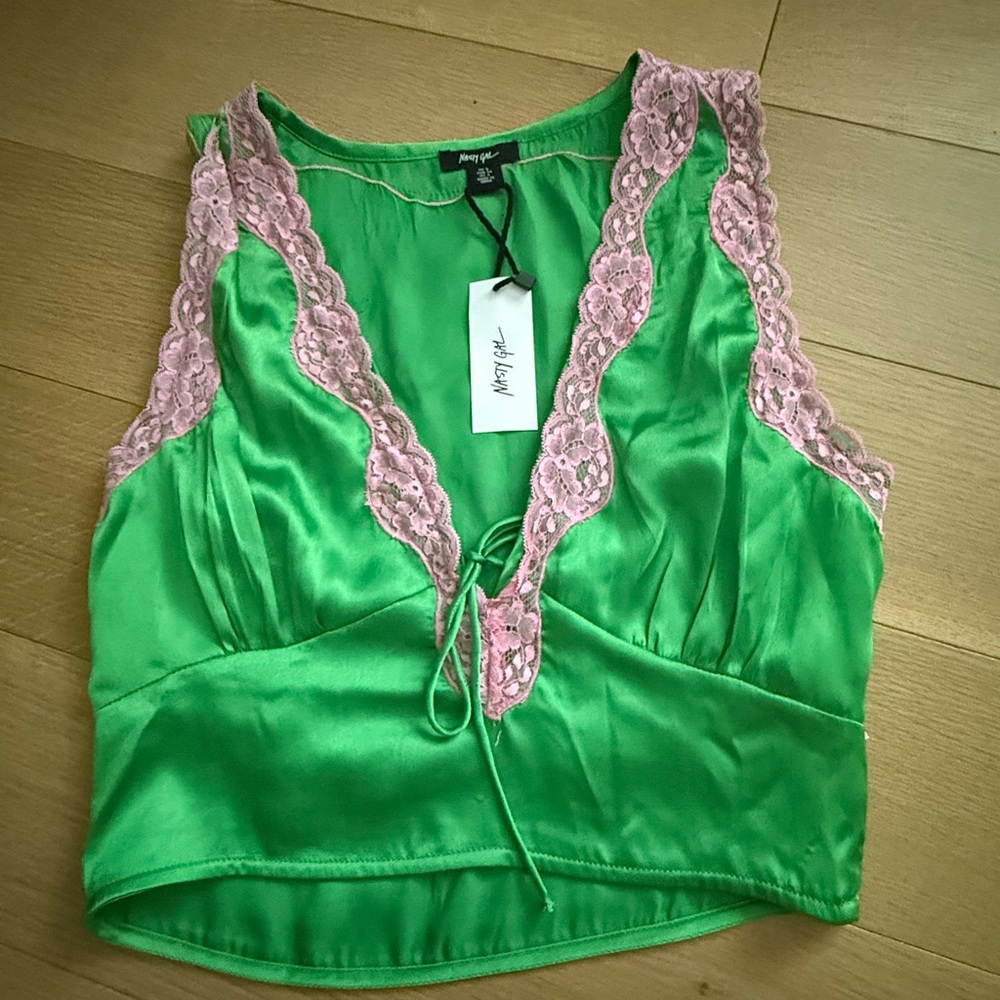 Nasty Gal Green and Pink Lace Trim Top